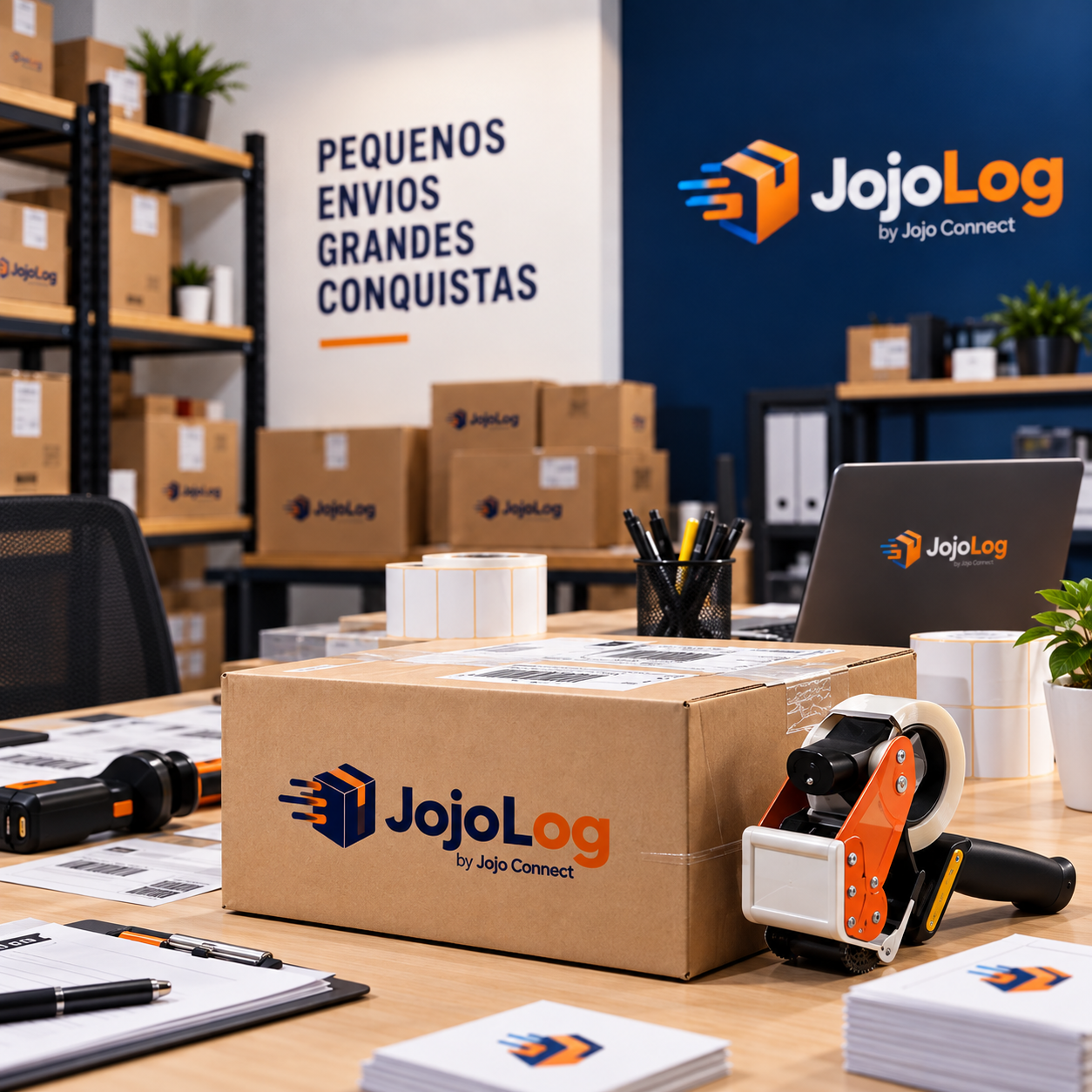 Operação de seller com caixas, etiquetas e estrutura de expedição da JojoLog
