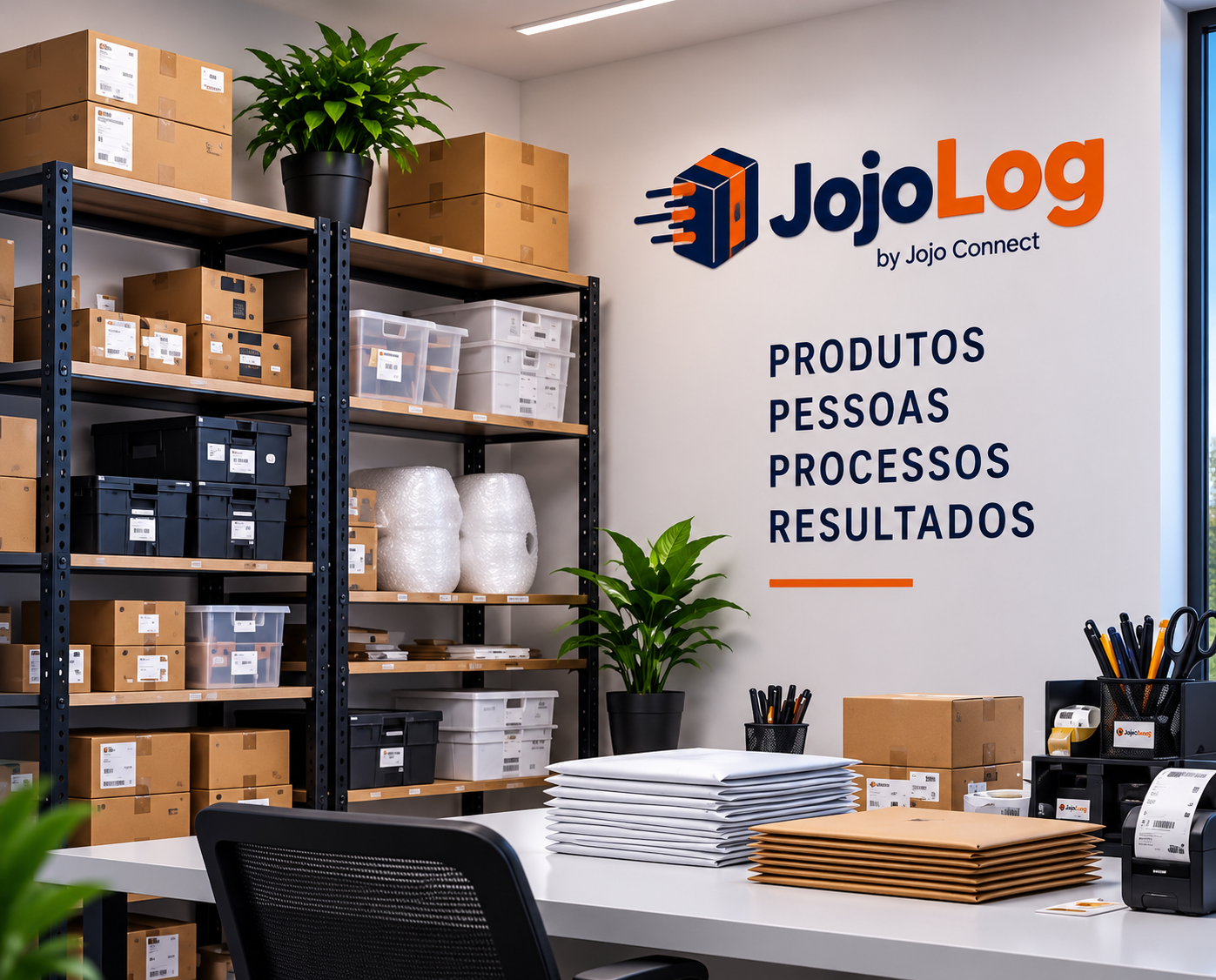 Estrutura da JojoLog com bancadas, insumos, impressora e materiais de operação